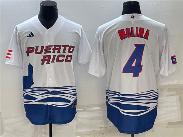 Men's Puerto Rico Baseball #4 Yadier Molina 2023 White World Baseball Classic Stitched Jersey